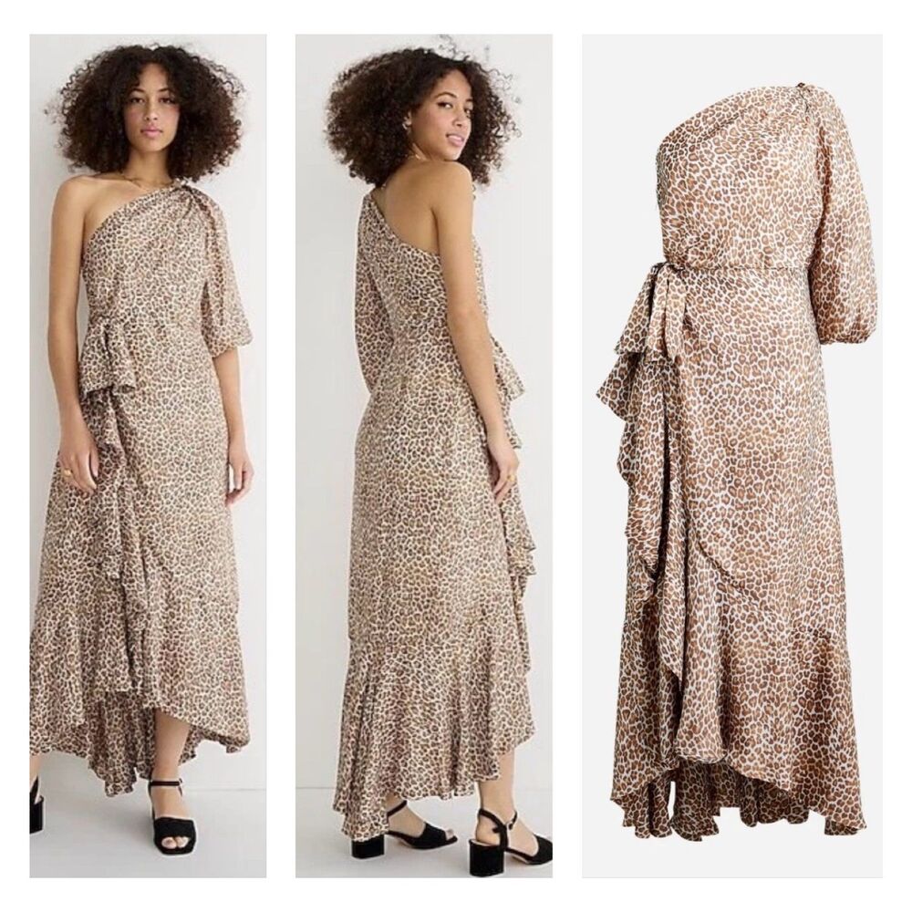 J. CREW COLLECTION One-Shoulder Ruffle-Hem Midi Dress in Leopard, Sz 14
